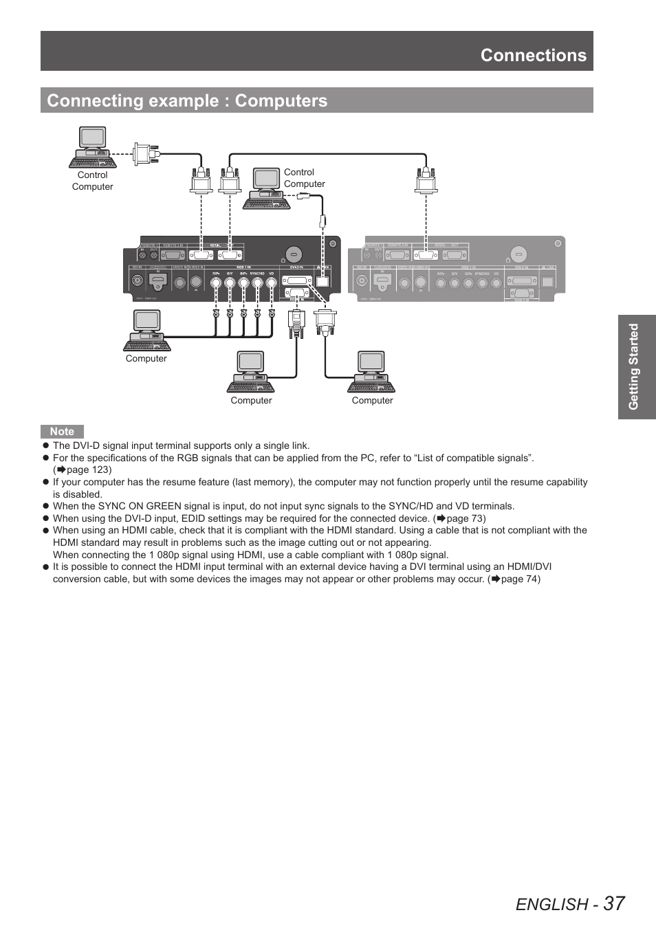 Connecting example : computers, Connections, English | Panasonic PT-DW90XE User Manual | Page 37 / 130