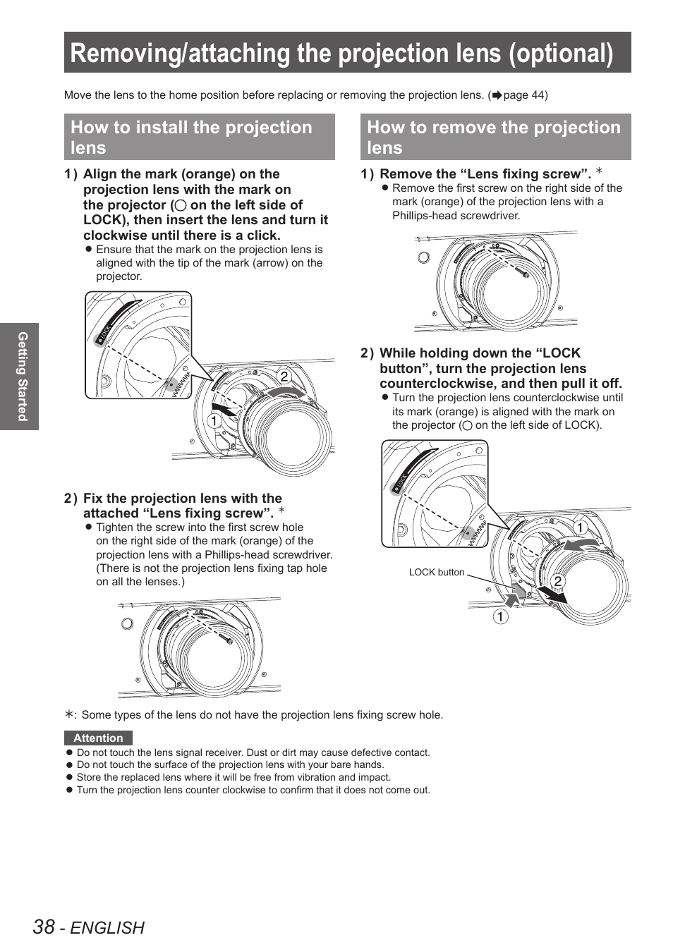 Removing/attaching the projection lens (optional), How to install the projection lens, How to remove the projection lens | Removing/attaching the projection lens, Optional), English | Panasonic PT-DW90XE User Manual | Page 38 / 130