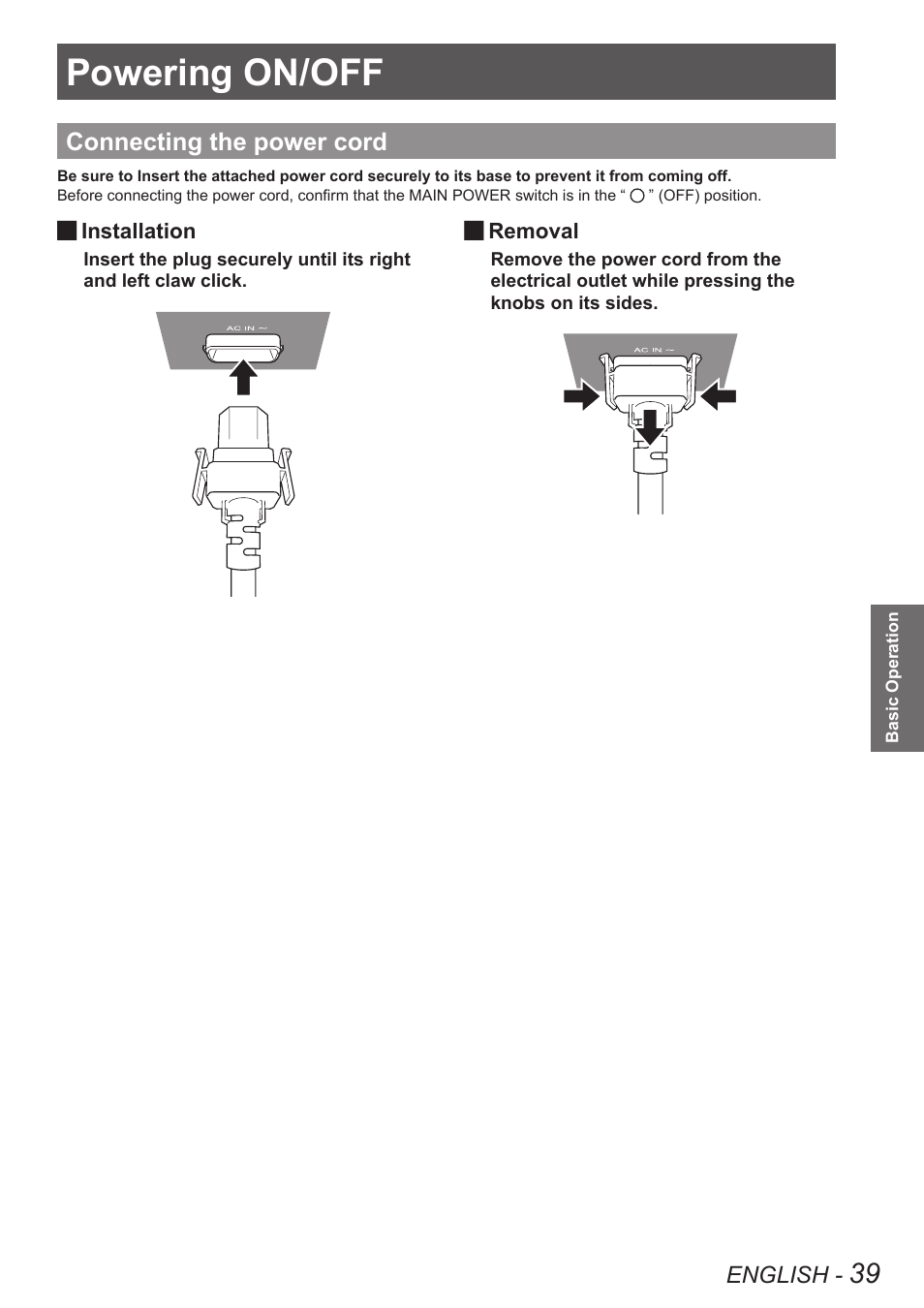 Basic operation, Powering on/off, Connecting the power cord | Panasonic PT-DW90XE User Manual | Page 39 / 130