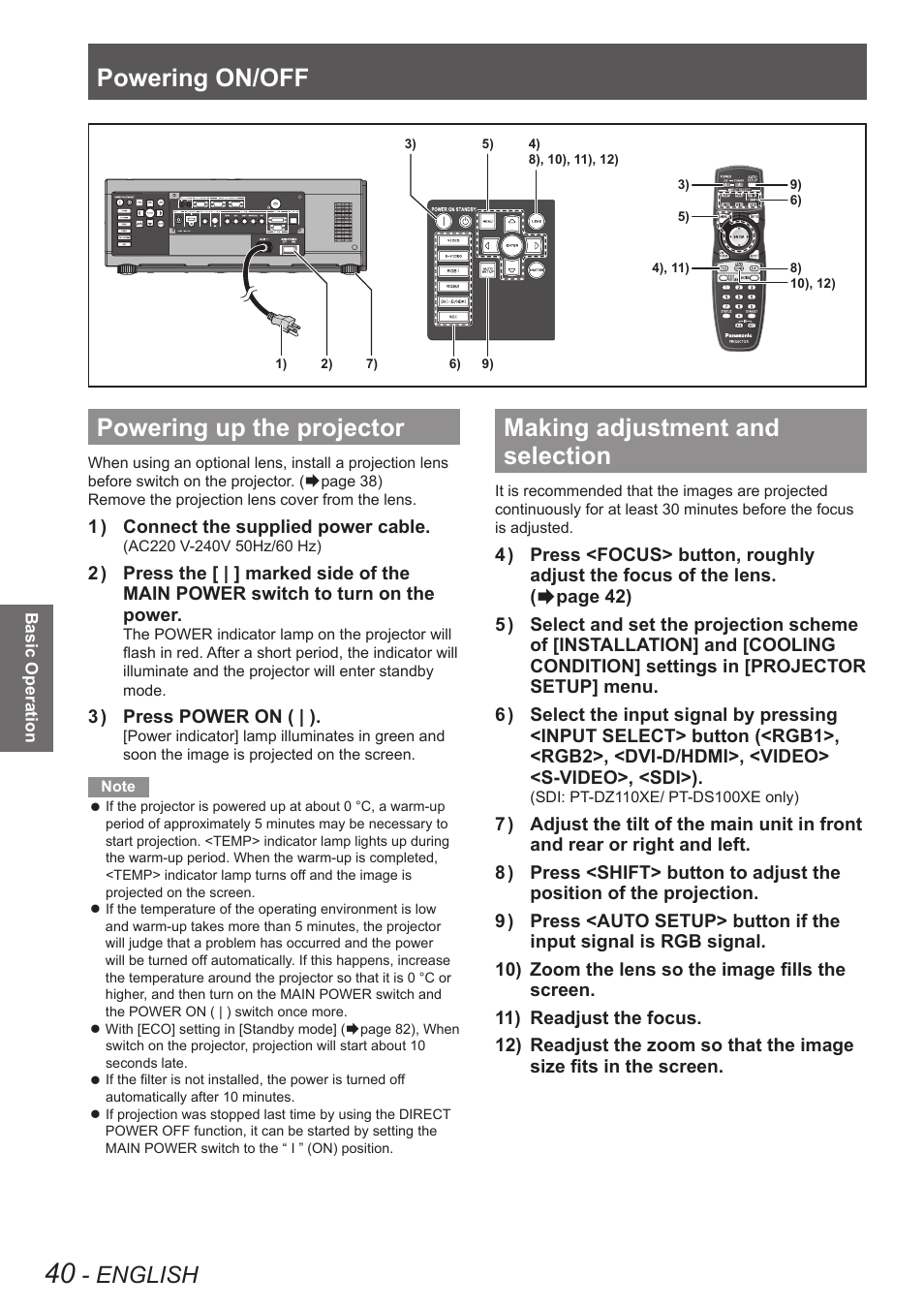 Powering up the projector, Making adjustment and selection, Powering on/off | English | Panasonic PT-DW90XE User Manual | Page 40 / 130