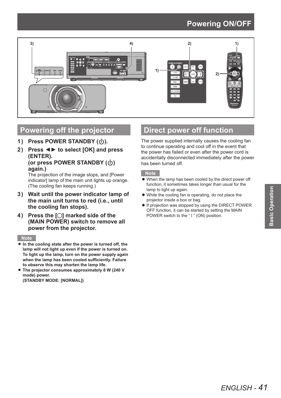 Powering off the projector, Direct power off function, Powering on/off | English | Panasonic PT-DW90XE User Manual | Page 41 / 130