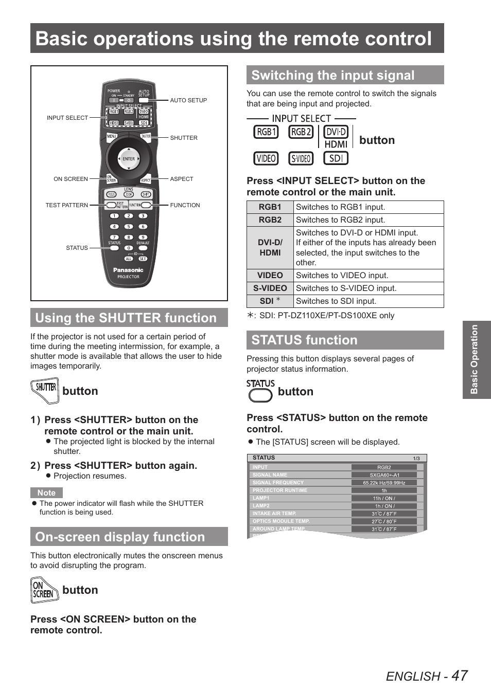 Basic operations using the remote control, Using the shutter function, On-screen display function | Switching the input signal, Status function, Basic operations using the remote, Control, English, Button | Panasonic PT-DW90XE User Manual | Page 47 / 130