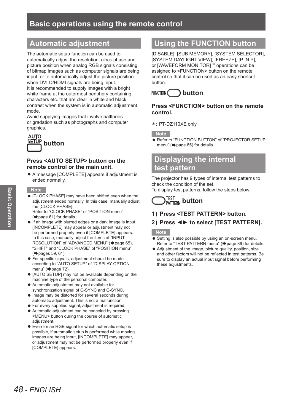 Automatic adjustment, Using the function button, Displaying the internal test pattern | Basic operations using the remote control, English, Button | Panasonic PT-DW90XE User Manual | Page 48 / 130