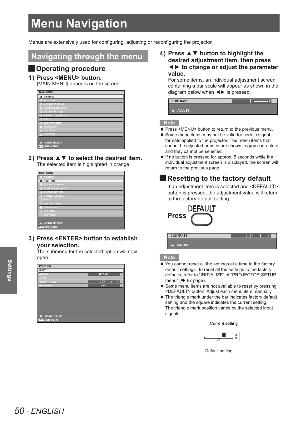 Settings, Menu navigation, Navigating through the menu | Enter> button, Indication is [off], the [off] state is canceled, English, Operating procedure, Resetting to the factory default, Press, Press <menu> button. 1 ) | Panasonic PT-DW90XE User Manual | Page 50 / 130