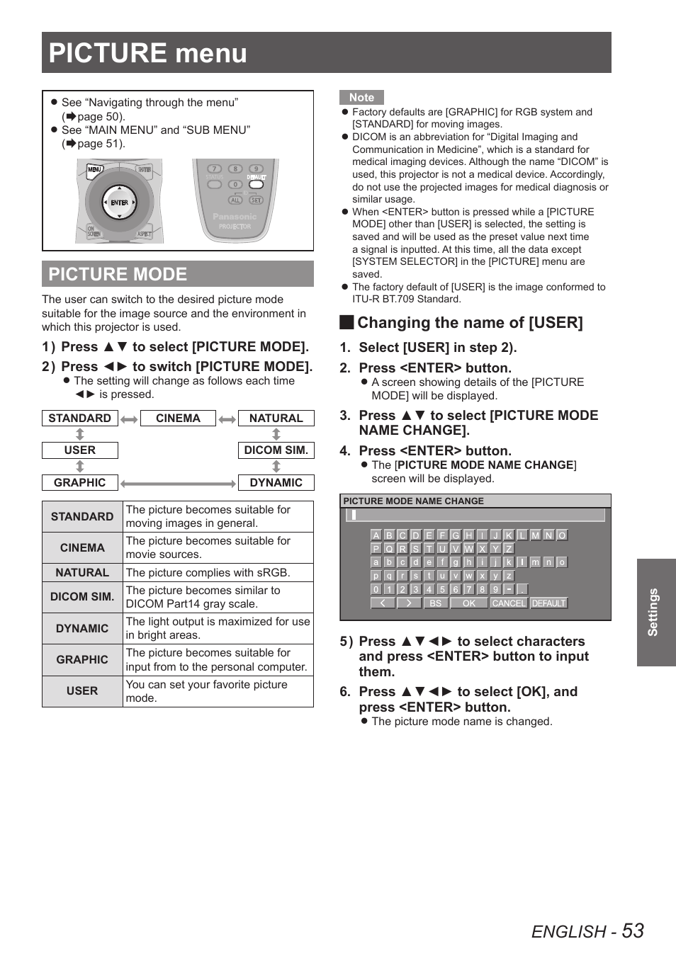 Picture menu, Picture mode, English | Changing the name of [user | Panasonic PT-DW90XE User Manual | Page 53 / 130