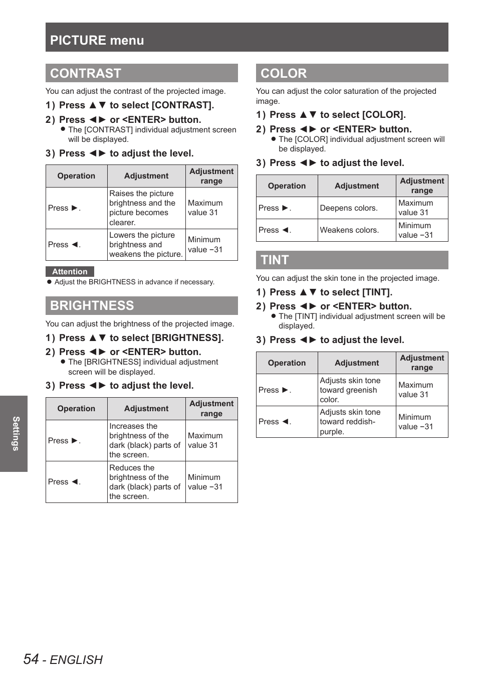 Contrast, Brightness, Color | Tint, Contrast brightness color tint, Picture menu, English | Panasonic PT-DW90XE User Manual | Page 54 / 130