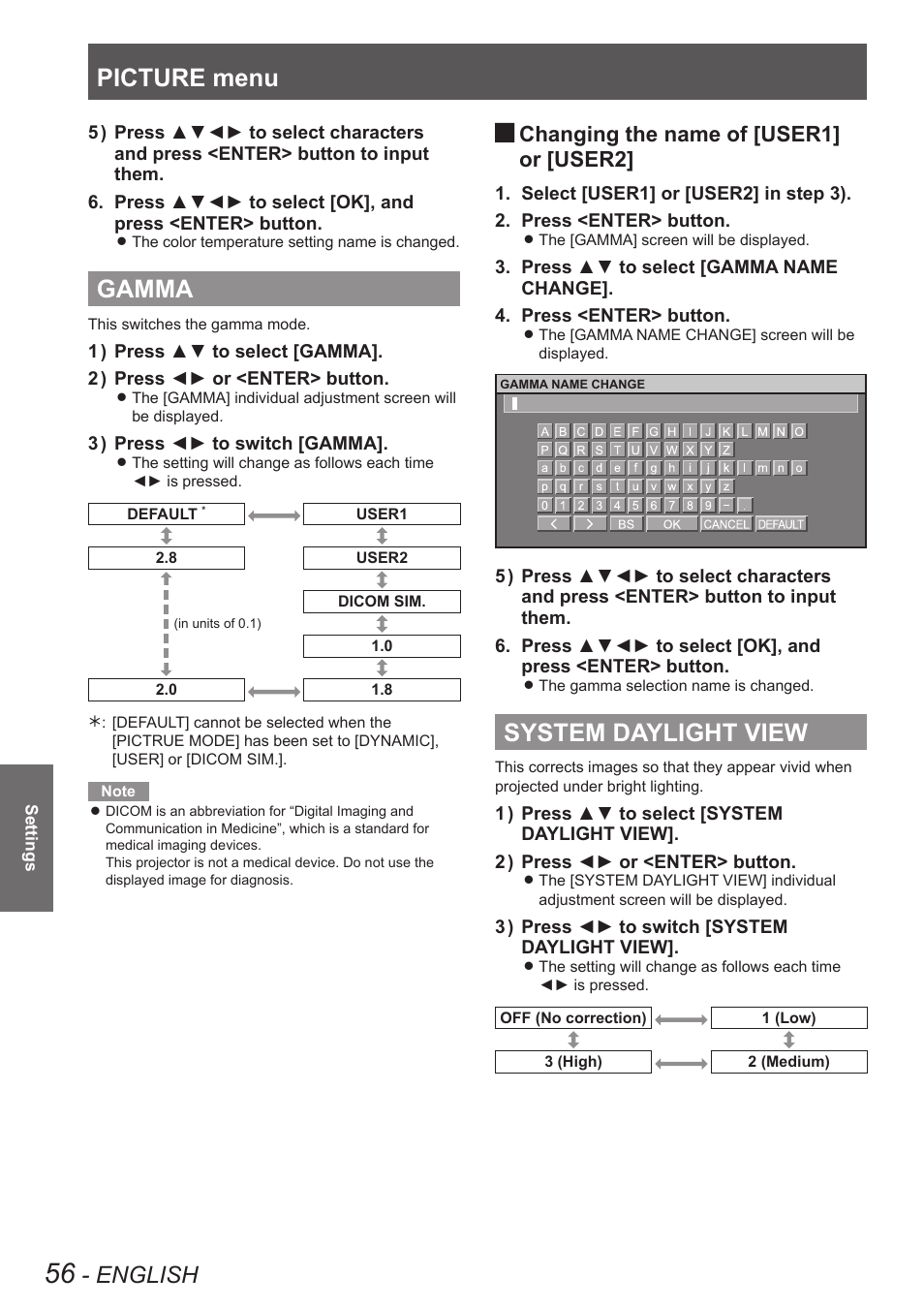 Gamma, System daylight view, Gamma system daylight view | Picture menu, English, Changing the name of [user1, Or [user2 | Panasonic PT-DW90XE User Manual | Page 56 / 130