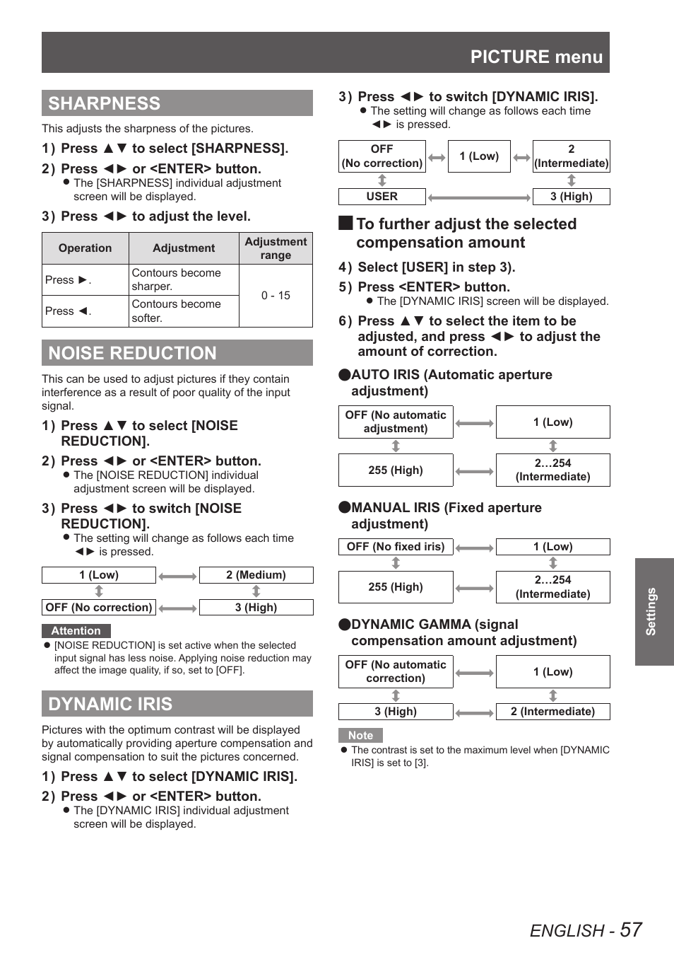 Sharpness, Noise reduction, Dynamic iris | Sharpness noise reduction dynamic iris, Picture menu, English, Compensation amount | Panasonic PT-DW90XE User Manual | Page 57 / 130