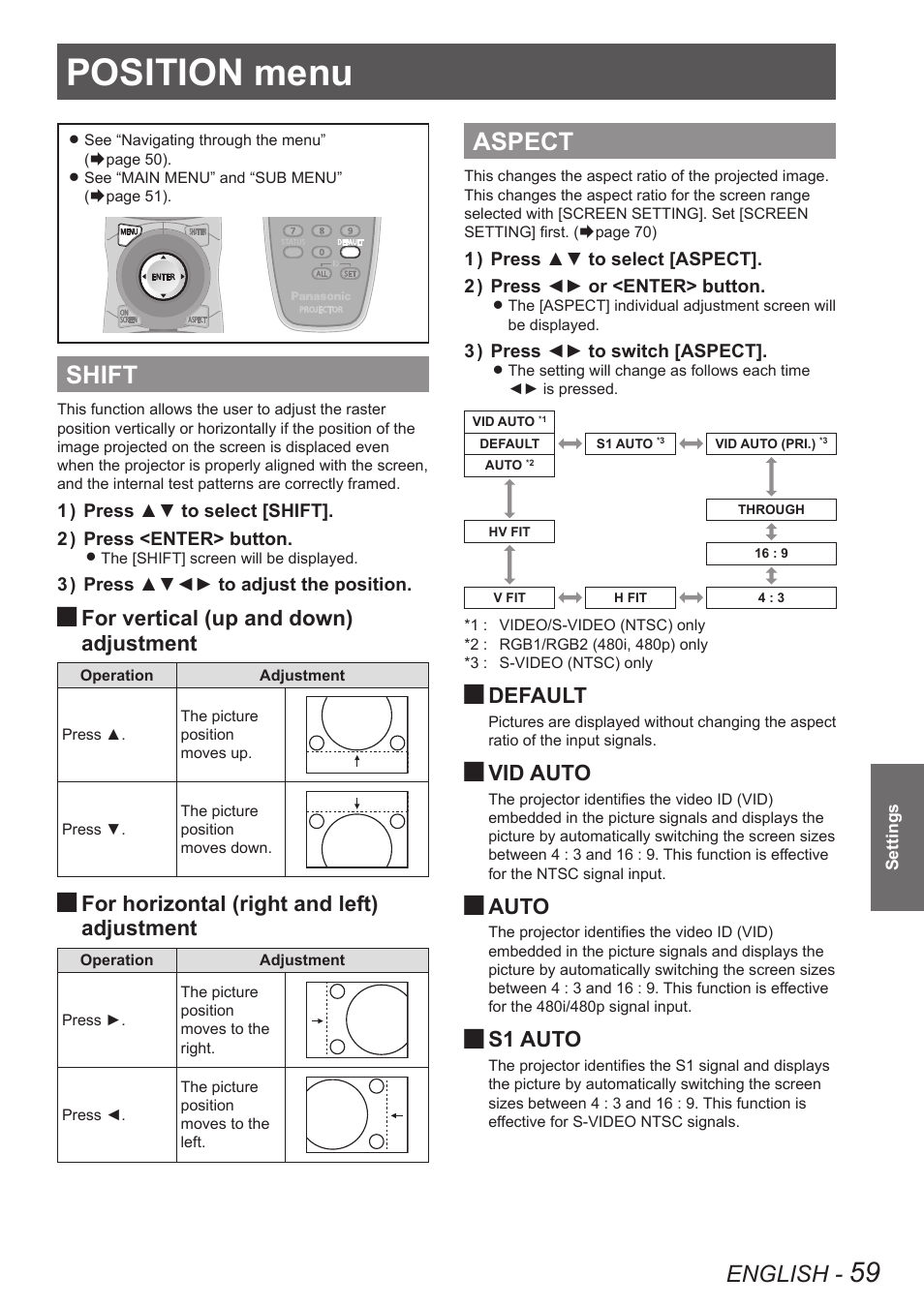 Position menu, Shift, Aspect | Shift aspect, Shift” and, English, For vertical (up and down), Adjustment, For horizontal (right and left), Default | Panasonic PT-DW90XE User Manual | Page 59 / 130