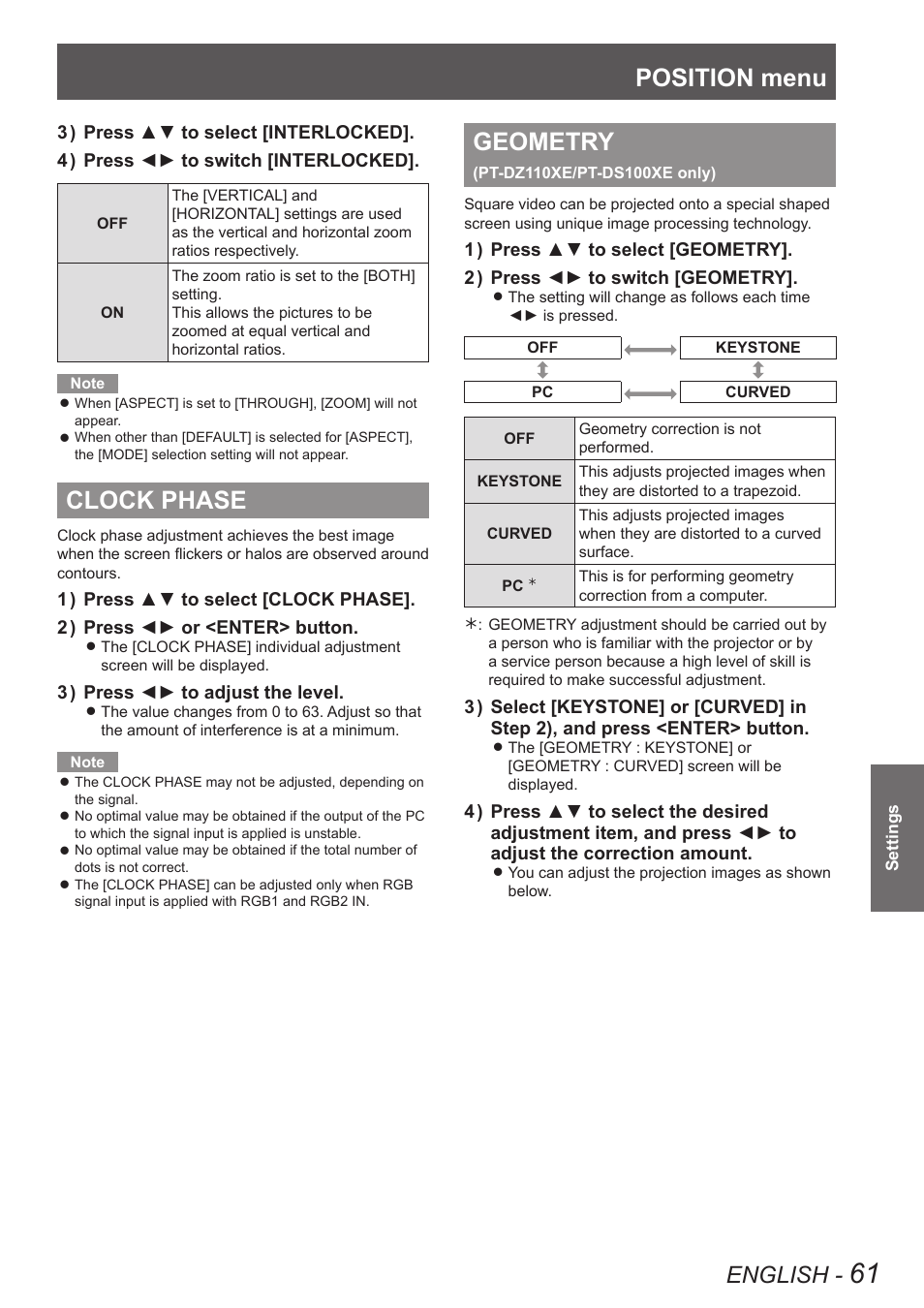 Clock phase, Geometry (pt-dz110xe/pt-ds100xe only), Clock phase geometry (pt-dz110xe/pt-ds100xe only) | Refer to “clock phase” of “position menu, Clock phase” of “position menu, Position menu, Geometry, English | Panasonic PT-DW90XE User Manual | Page 61 / 130