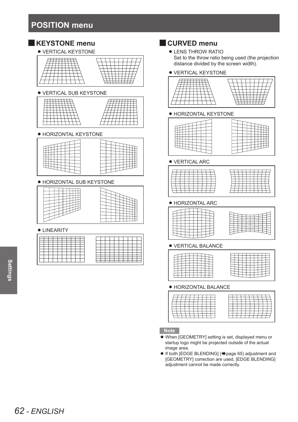 Position menu, English, Keystone menu | Curved menu | Panasonic PT-DW90XE User Manual | Page 62 / 130