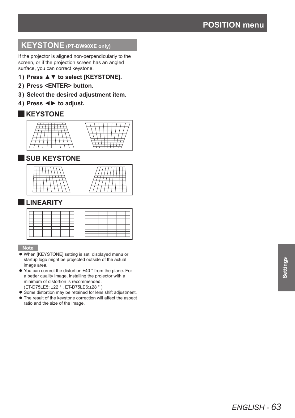 Keystone (pt-dw90xe only), Position menu, Keystone | English, Sub keystone, Linearity | Panasonic PT-DW90XE User Manual | Page 63 / 130