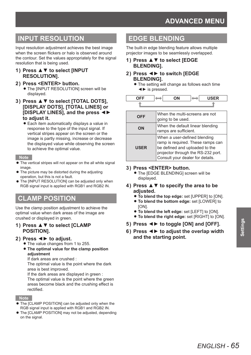 Input resolution, Clamp position, Edge blending | Input resolution clamp position edge blending, Input, Resolution” of “advanced menu, If both [edge blending, Advanced menu, English | Panasonic PT-DW90XE User Manual | Page 65 / 130