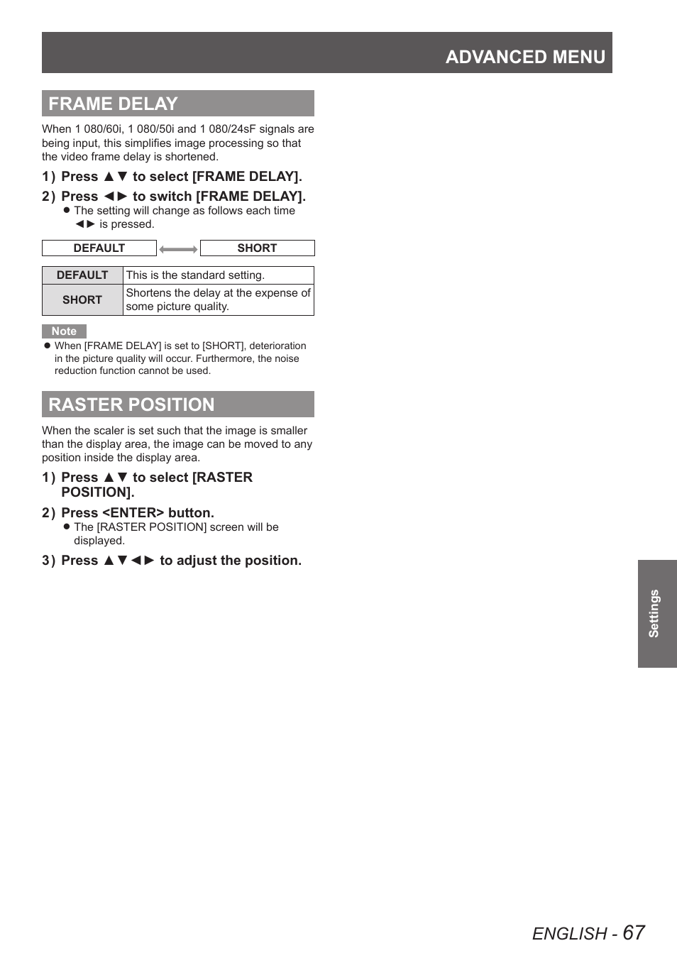 Frame delay, Raster position, Frame delay raster position | Advanced menu, English | Panasonic PT-DW90XE User Manual | Page 67 / 130