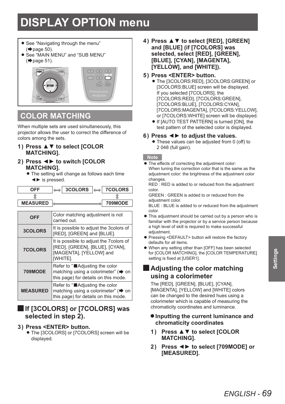 Display option menu, Color matching, Tching | English, If [3colors] or [7colors] was, Selected in step 2), Adjusting the color matching, Using a colorimeter | Panasonic PT-DW90XE User Manual | Page 69 / 130