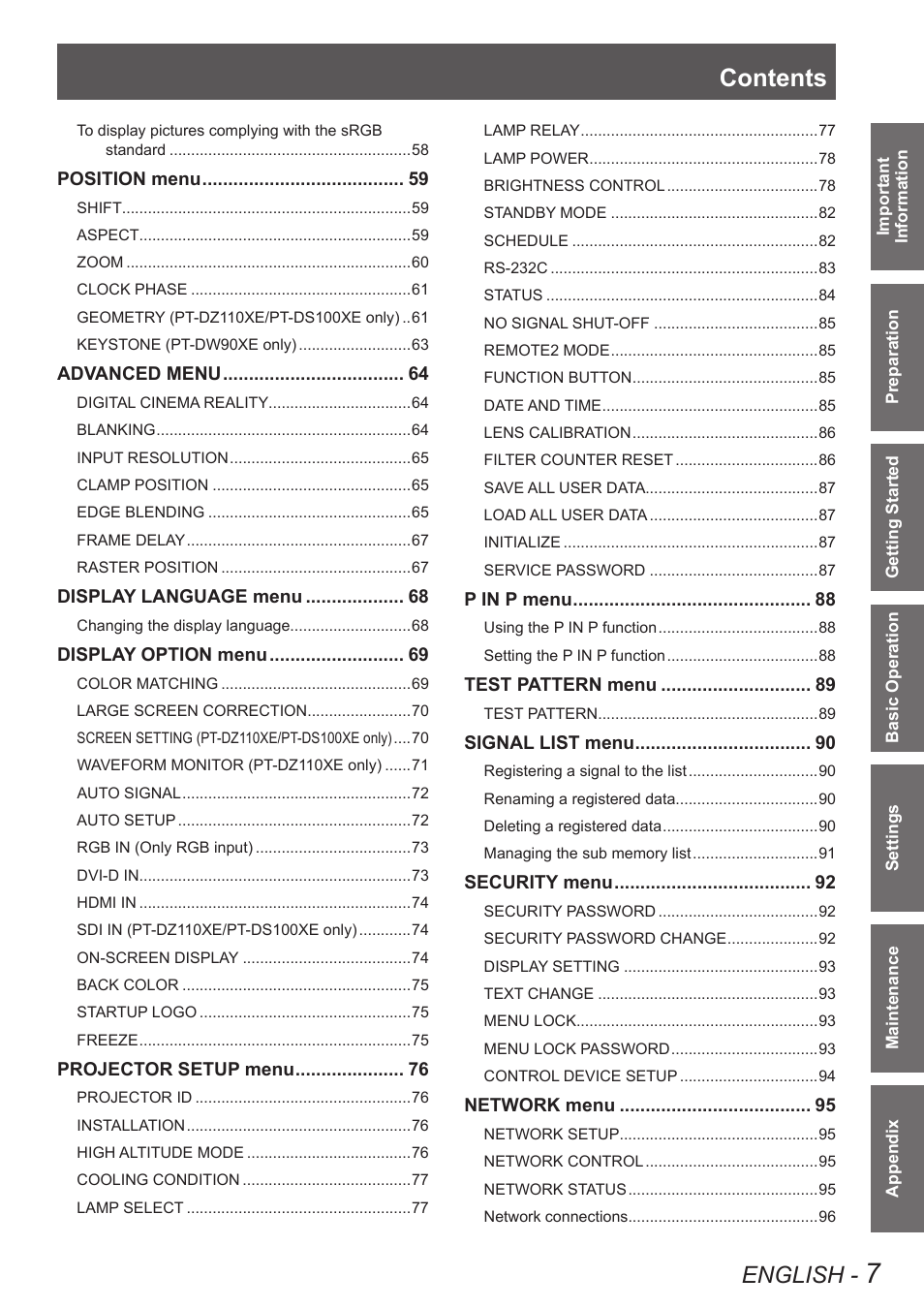 Panasonic PT-DW90XE User Manual | Page 7 / 130
