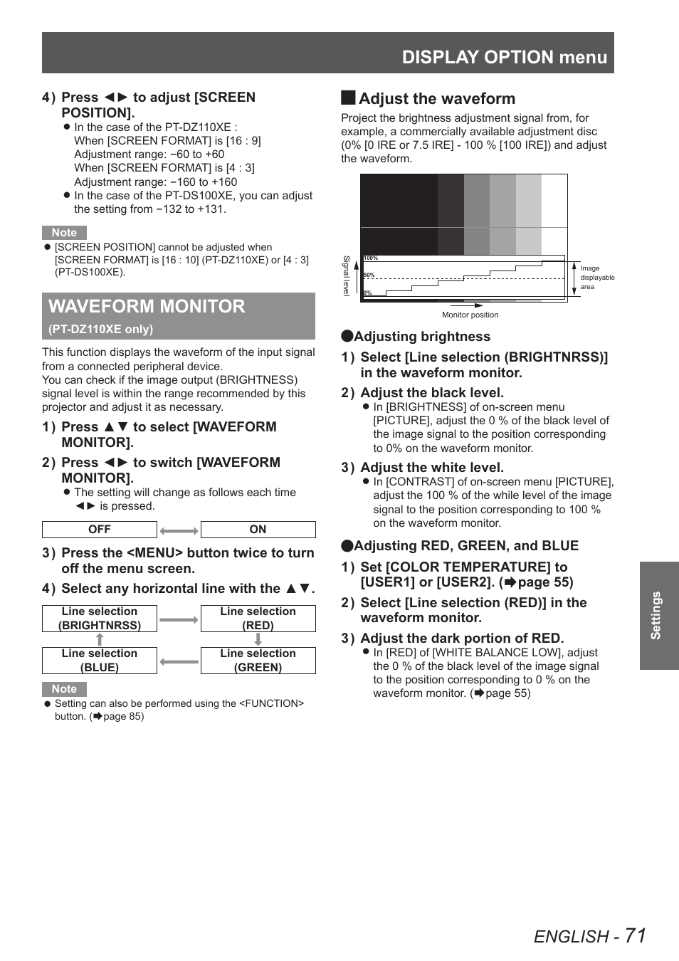 Waveform monitor (pt-dz110xe only), Display option menu, Waveform monitor | English, Adjust the waveform | Panasonic PT-DW90XE User Manual | Page 71 / 130