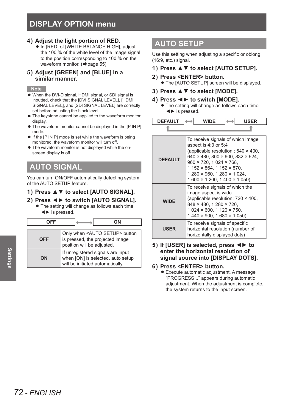 Auto signal, Auto setup, Auto signal auto setup | Auto setup” of “display option, Menu, Display option menu, English | Panasonic PT-DW90XE User Manual | Page 72 / 130