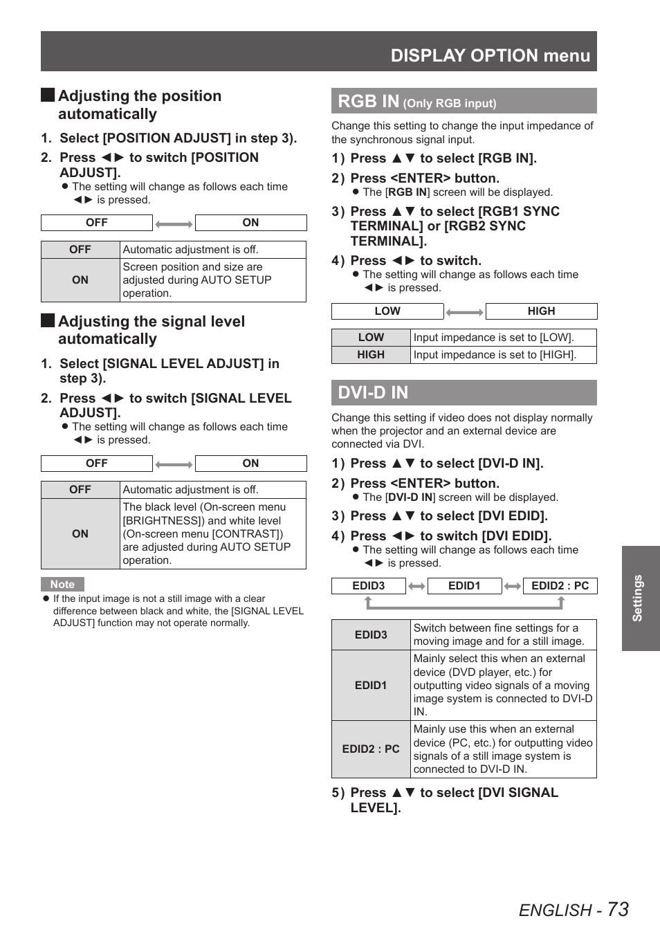 Rgb in (only rgb input), Dvi-d in, Rgb in (only rgb input) dvi-d in | Display option menu, Rgb in, English, Adjusting the position, Automatically, Adjusting the signal level | Panasonic PT-DW90XE User Manual | Page 73 / 130