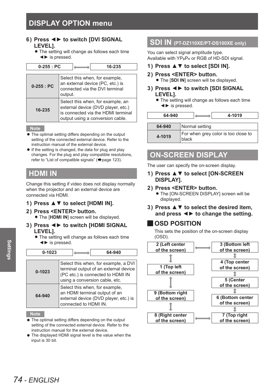 Hdmi in, Sdi in (pt-dz110xe/pt-ds100xe only), On-screen display | Display option menu, Sdi in, English, Osd position | Panasonic PT-DW90XE User Manual | Page 74 / 130