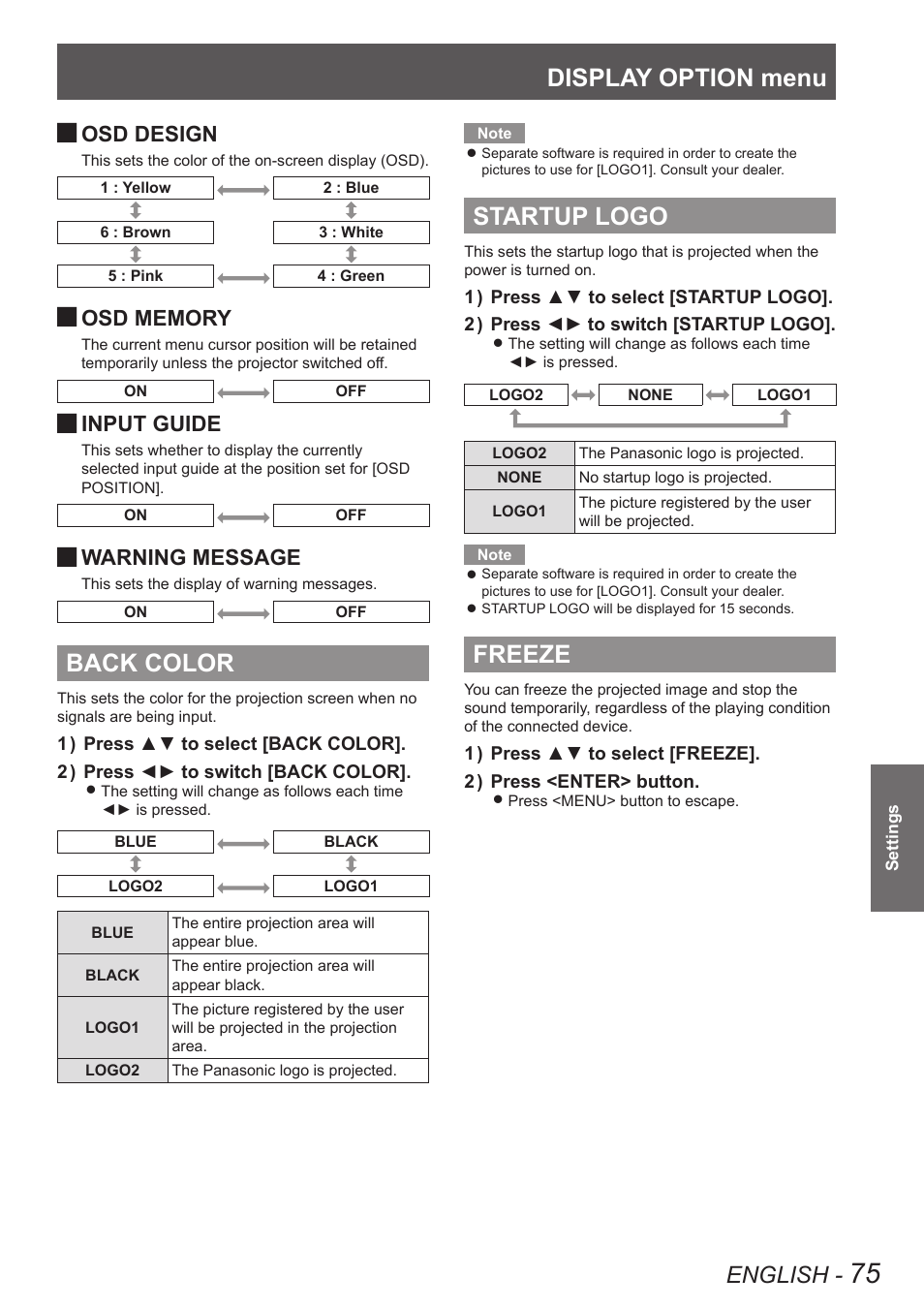 Back color, Startup logo, Freeze | Back color startup logo freeze, Display option menu, English, Osd design, Input guide, Warning message | Panasonic PT-DW90XE User Manual | Page 75 / 130