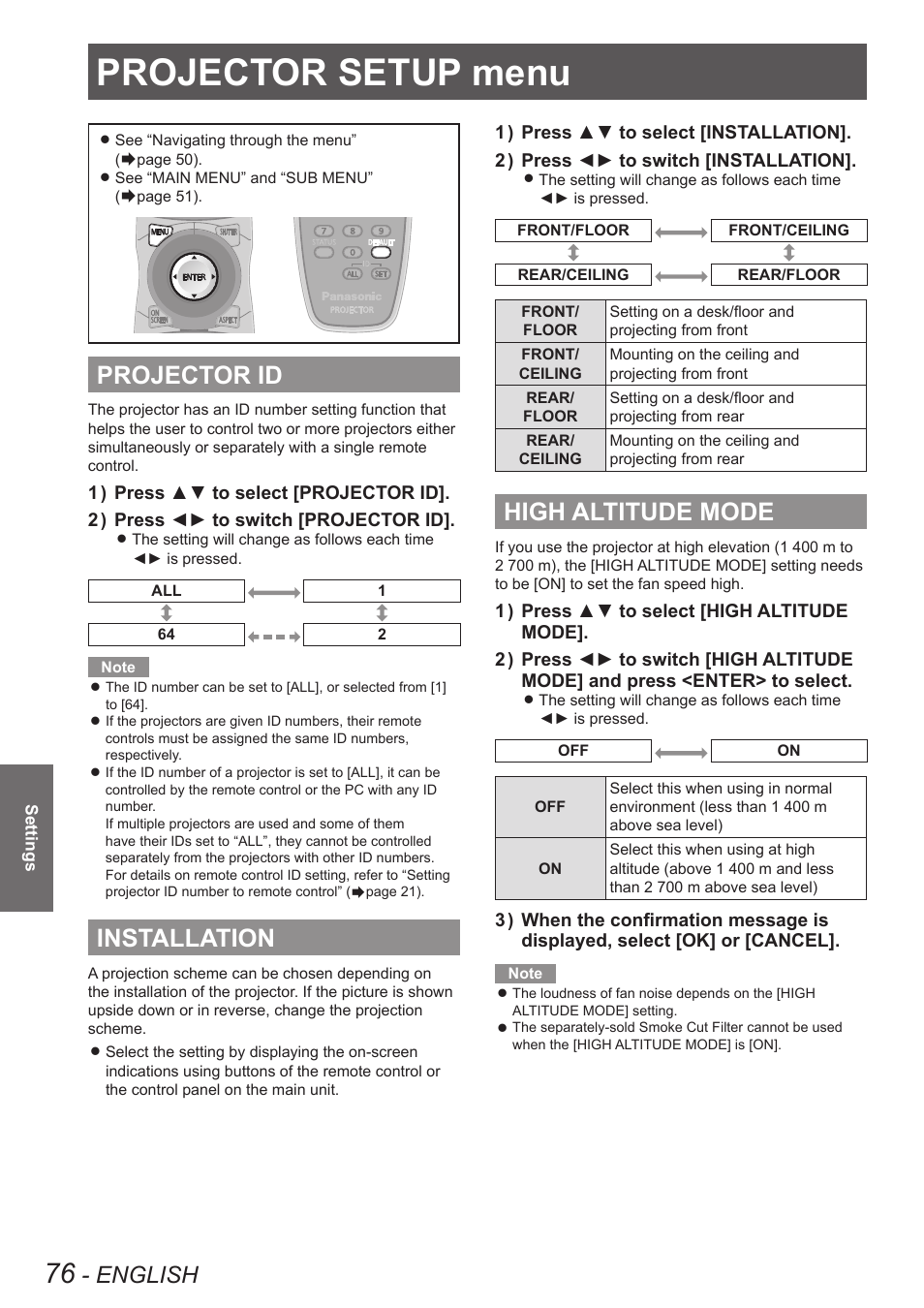 Projector setup menu, Projector id, Installation | High altitude mode, Projector id installation high altitude mode, Refer to “projector id” of “projector setup, Menu, Refer to “installation” of “projector setup menu, English | Panasonic PT-DW90XE User Manual | Page 76 / 130