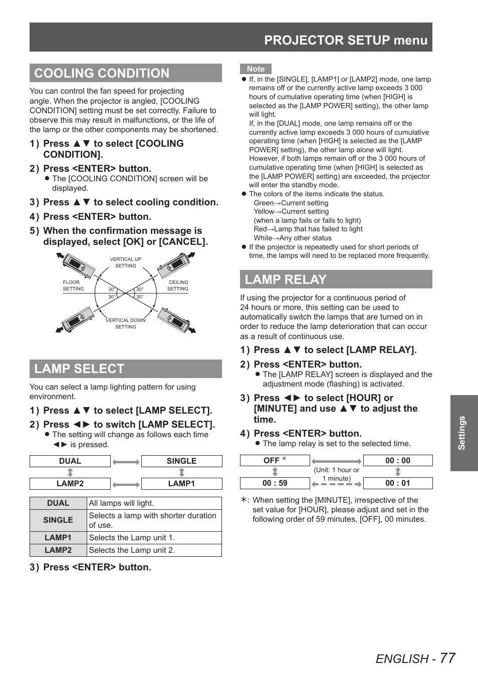 Cooling condition, Lamp select, Lamp relay | Cooling condition lamp select, Projector setup menu, English | Panasonic PT-DW90XE User Manual | Page 77 / 130