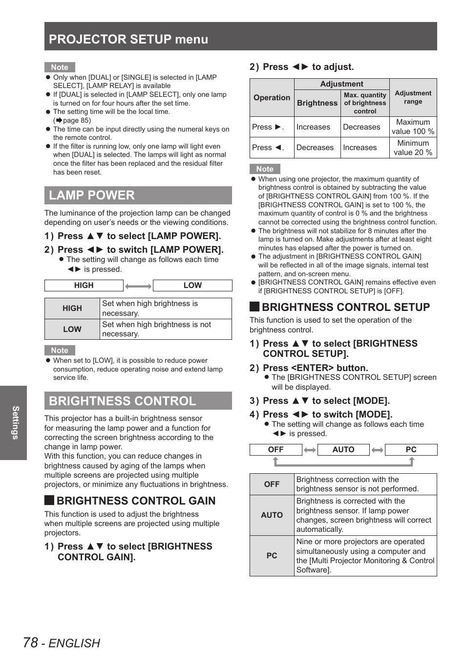 Lamp power, Brightness control, Lamp power brightness control | Projector setup menu, English, Brightness control gain, Brightness control setup | Panasonic PT-DW90XE User Manual | Page 78 / 130