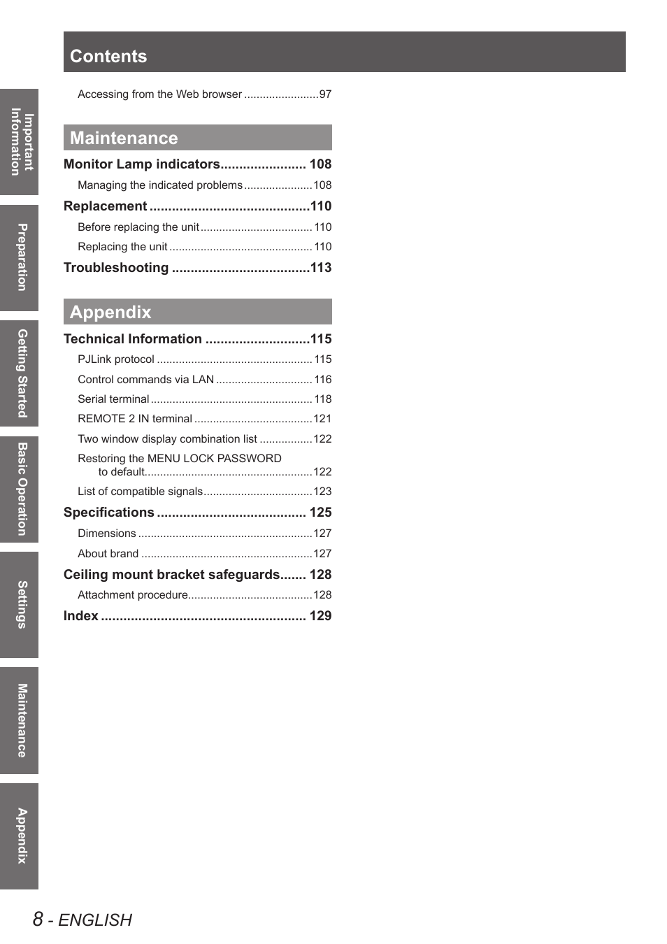 Panasonic PT-DW90XE User Manual | Page 8 / 130