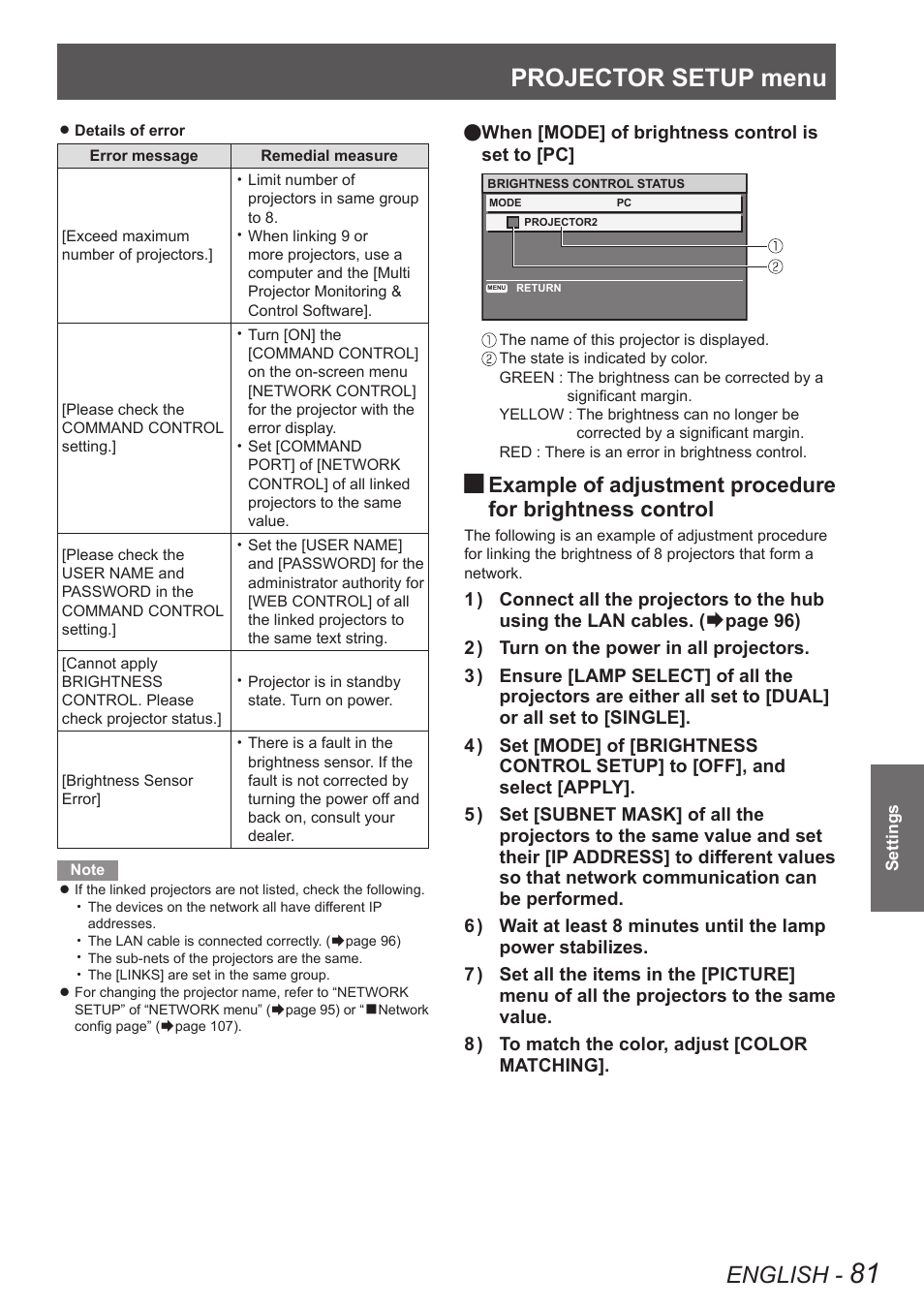 Projector setup menu, English, Example of adjustment procedure | For brightness control | Panasonic PT-DW90XE User Manual | Page 81 / 130