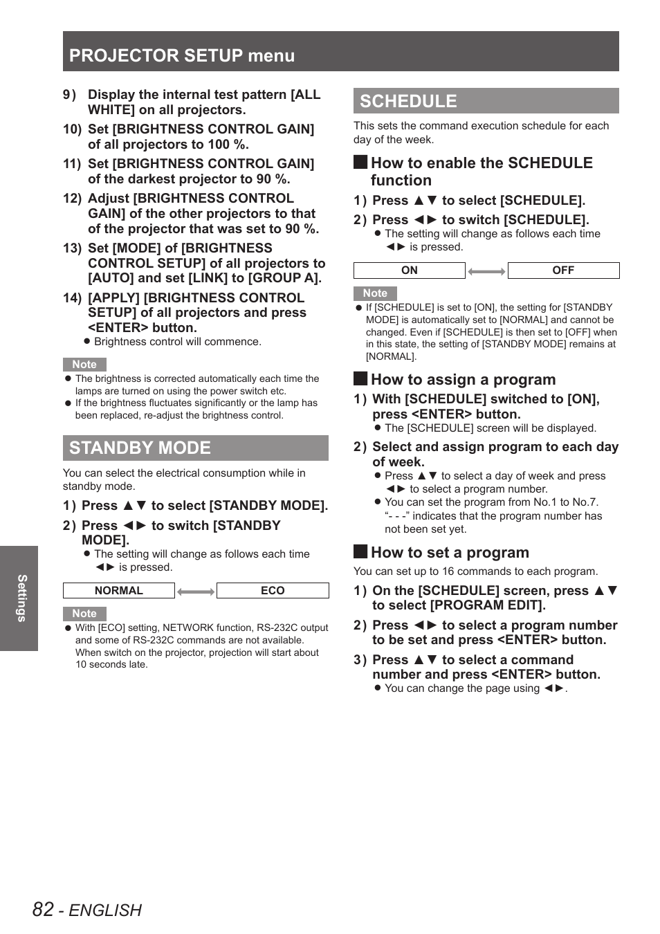 Standby mode, Schedule, Standby mode schedule | With [eco] setting in [standby mode, Projector setup menu, English, How to enable the schedule, Function, How to assign a program, How to set a program | Panasonic PT-DW90XE User Manual | Page 82 / 130