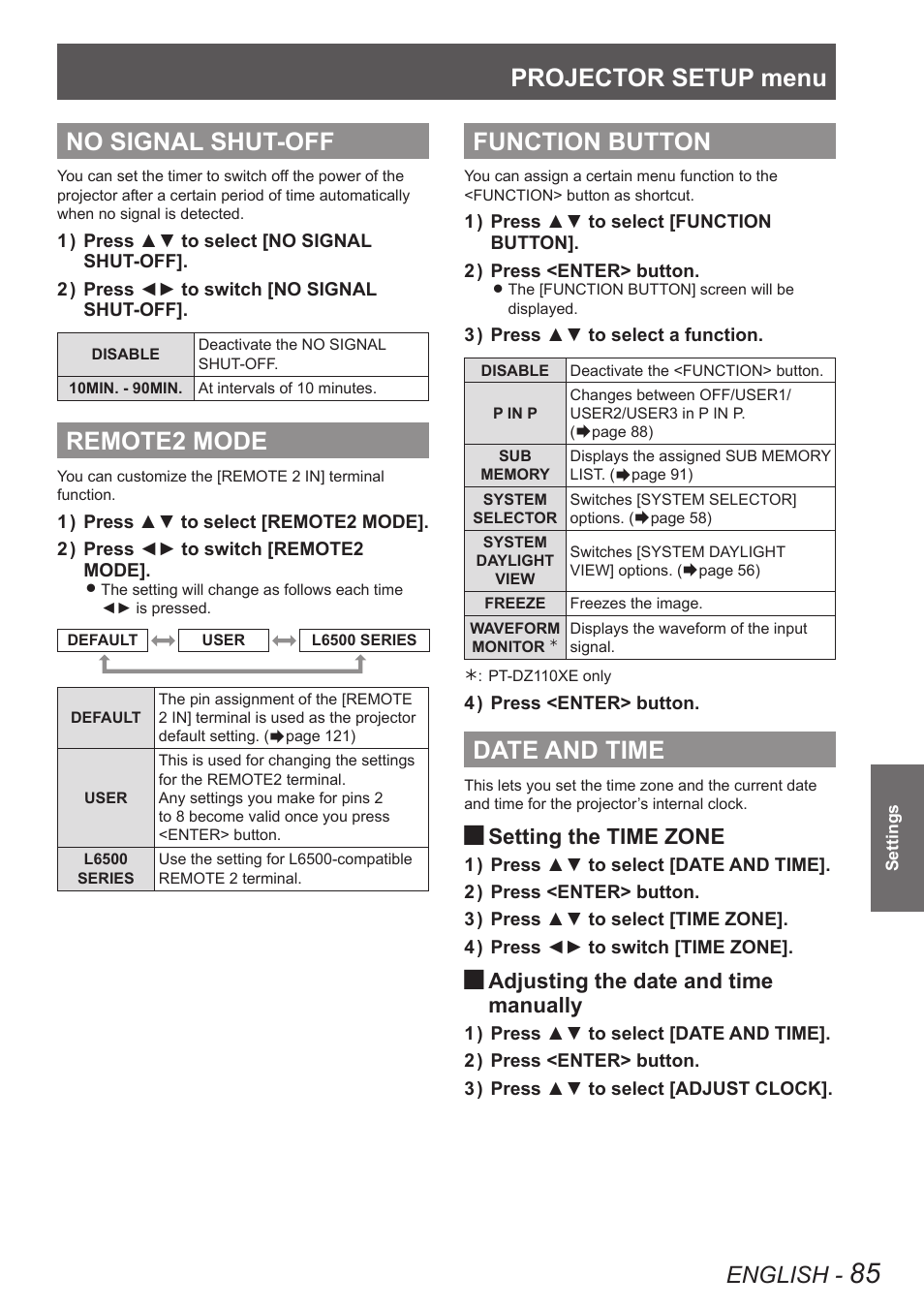 No signal shut-off, Remote2 mode, Function button | Date and time, Function button” of “projector setup, Menu, Button, Projector setup menu, English, Setting the time zone | Panasonic PT-DW90XE User Manual | Page 85 / 130