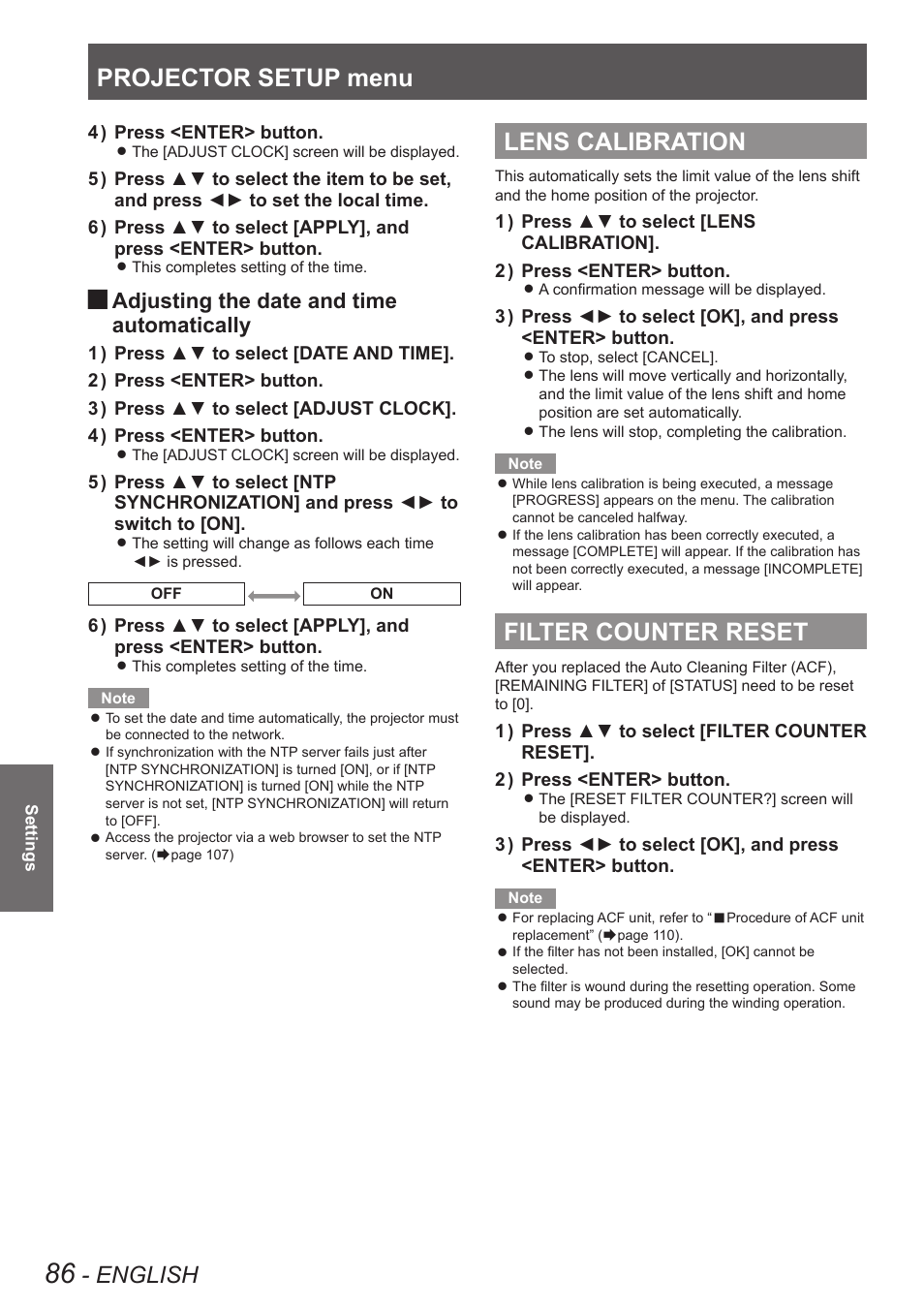 Lens calibration, Filter counter reset, Lens calibration filter counter reset | Projector setup menu, English, Adjusting the date and time, Automatically | Panasonic PT-DW90XE User Manual | Page 86 / 130