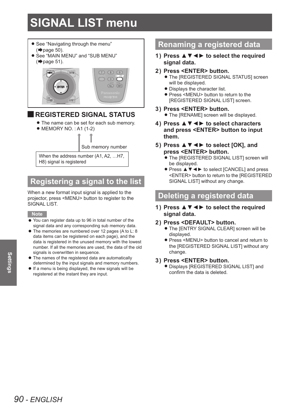 Signal list menu, Registering a signal to the list, Renaming a registered data | Deleting a registered data, Details, Deleting a registered, Data, English, Registered signal status | Panasonic PT-DW90XE User Manual | Page 90 / 130
