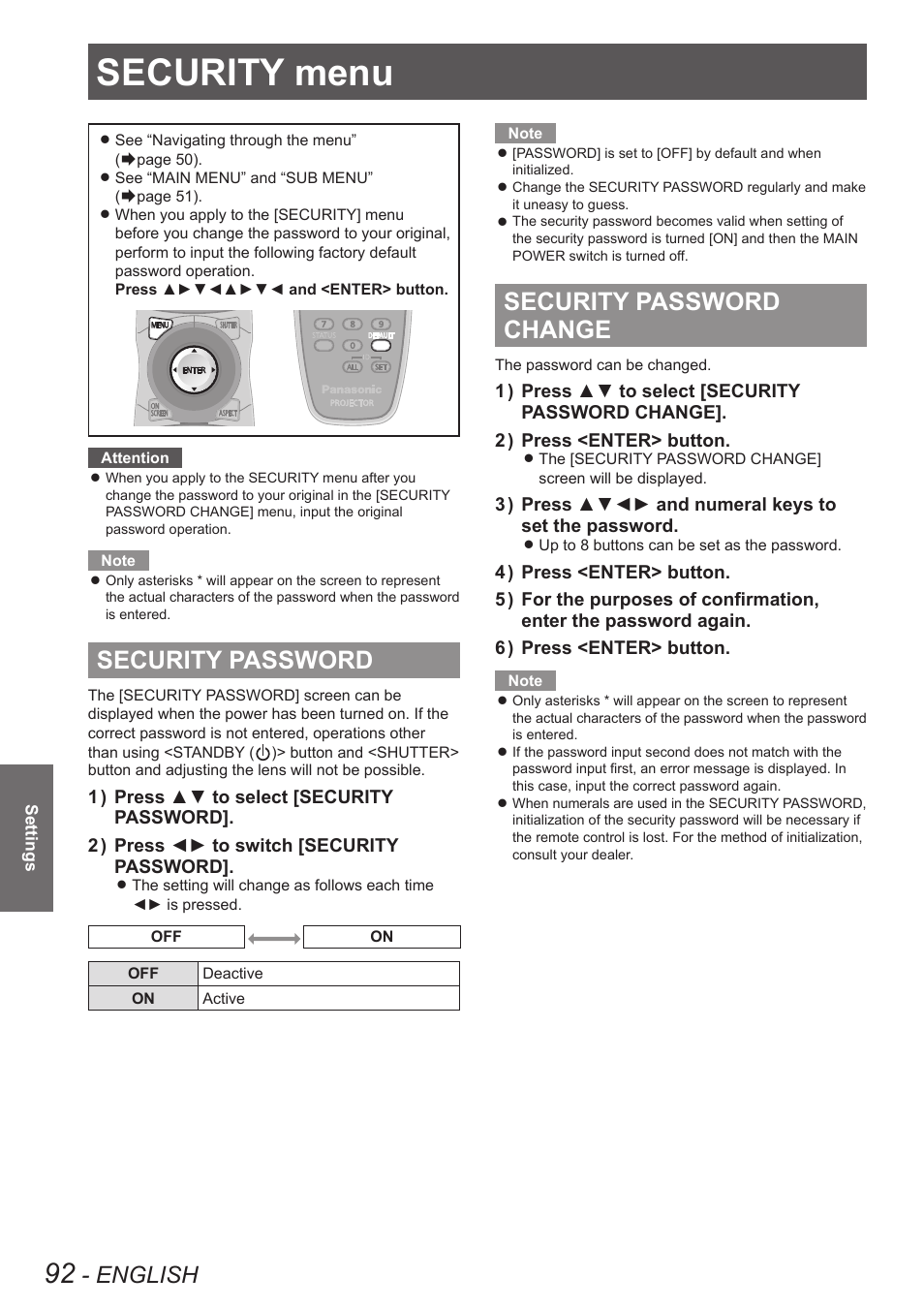 Security menu, Security password, Security password change | Security password security password change, English | Panasonic PT-DW90XE User Manual | Page 92 / 130