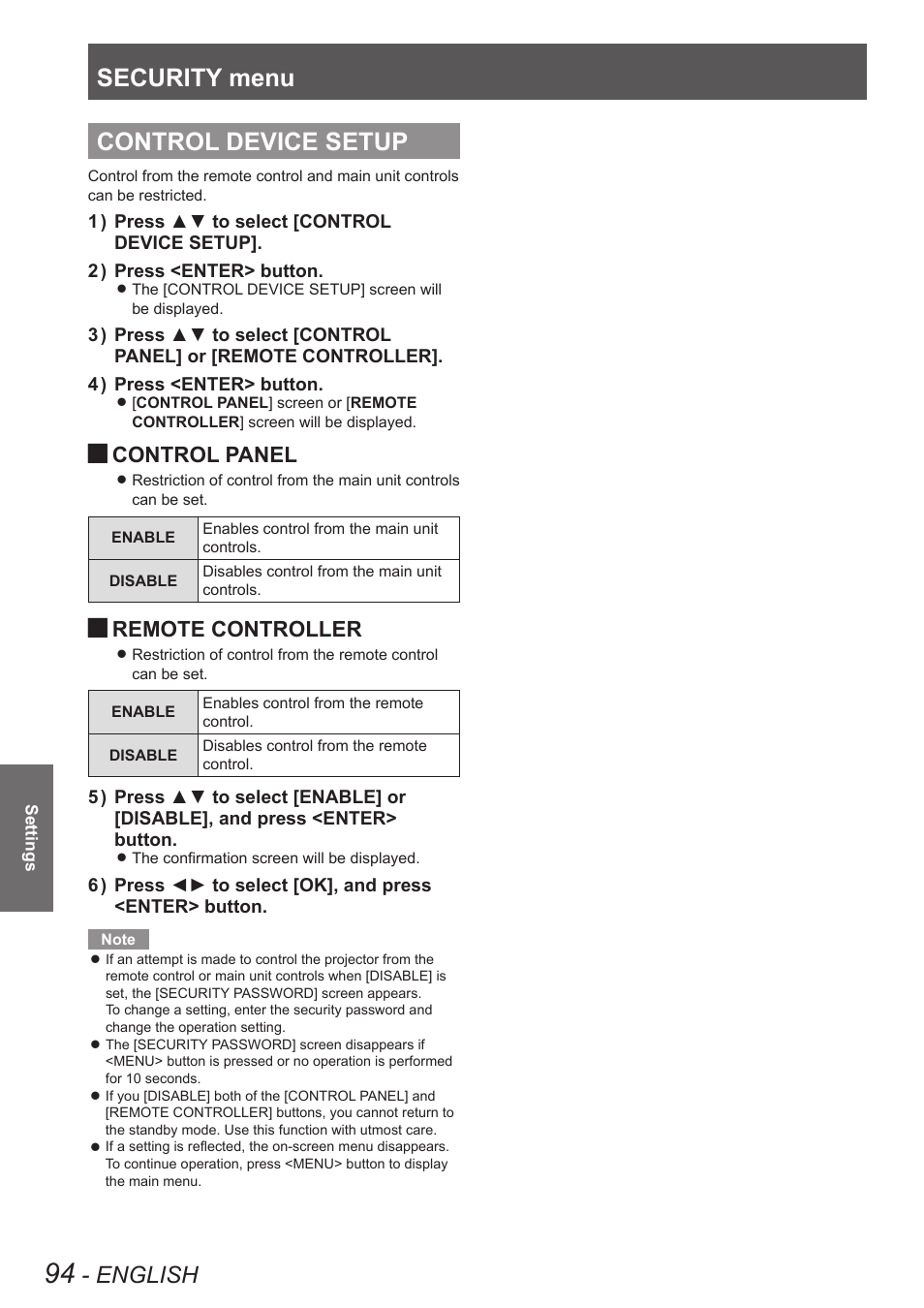 Control device setup, Security menu, English | Control panel, Remote controller | Panasonic PT-DW90XE User Manual | Page 94 / 130