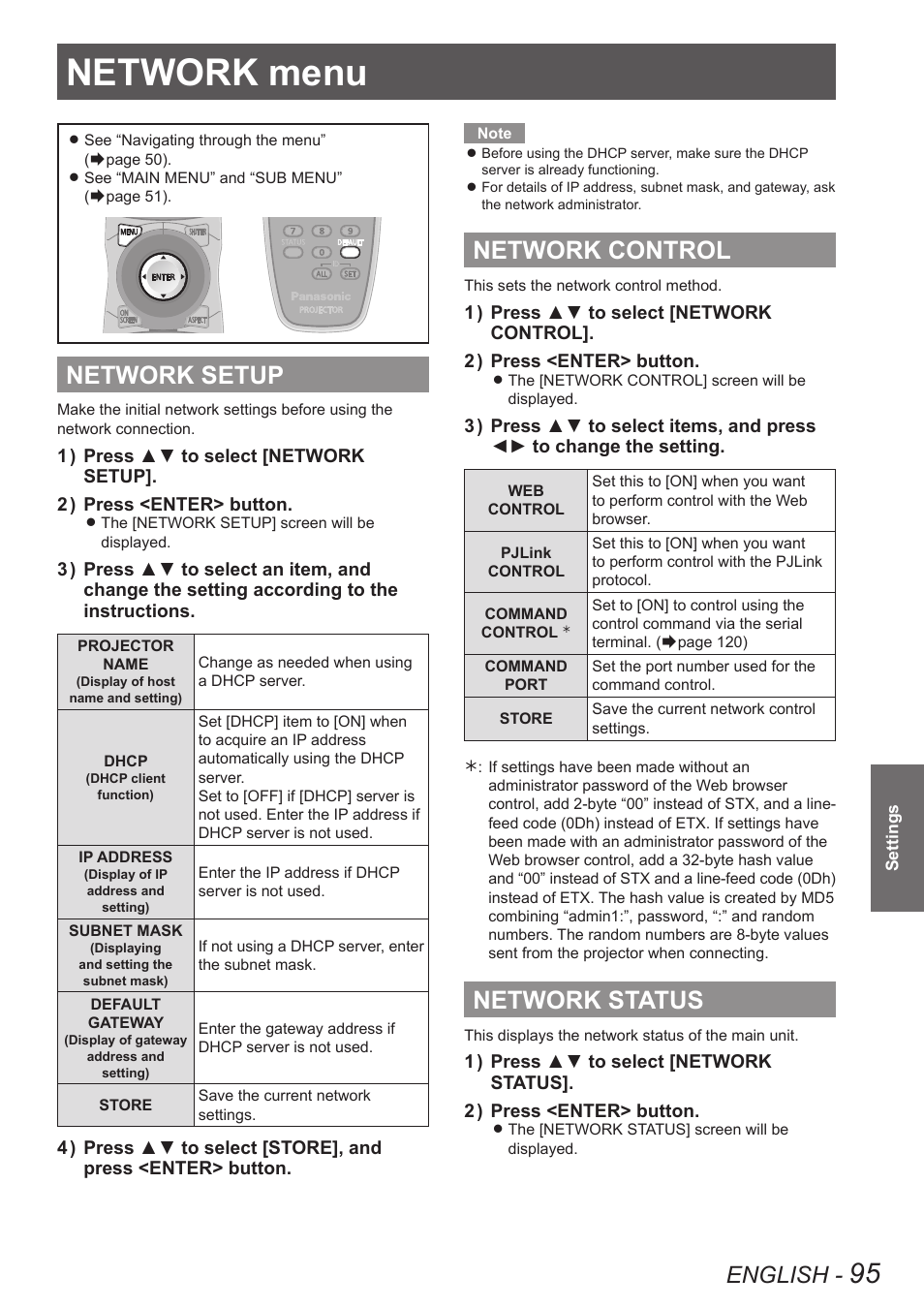 Network menu, Network setup, Network control | Network status, Network setup network control network status, Network, Setup” of “network menu, English | Panasonic PT-DW90XE User Manual | Page 95 / 130