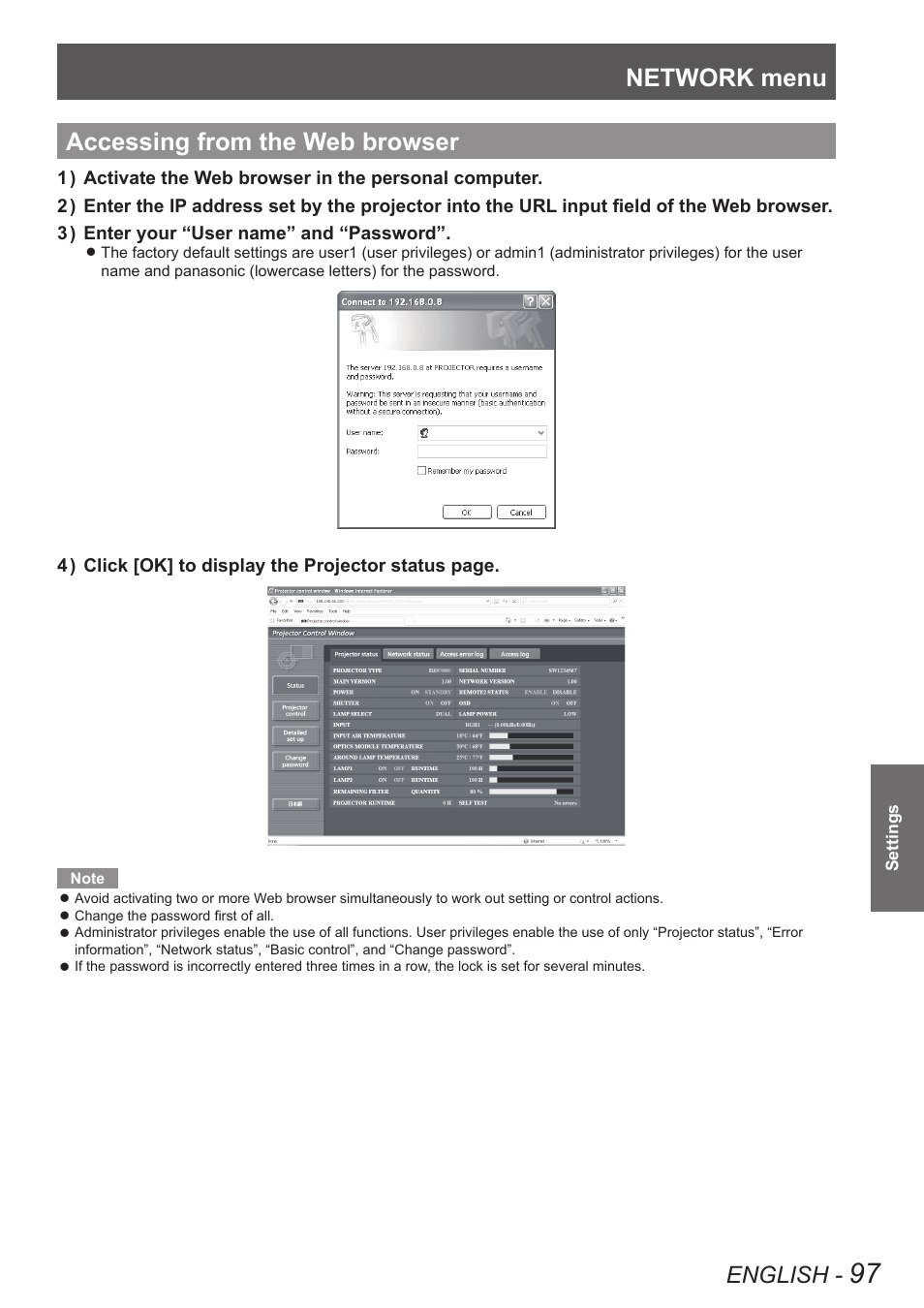 Accessing from the web browser, Network menu, English | Panasonic PT-DW90XE User Manual | Page 97 / 130