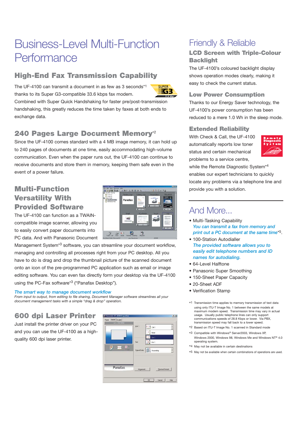 Business-level multi-function performance, Friendly & reliable, And more | High-end fax transmission capability, Multi-function versatility with provided software, 600 dpi laser printer, Lcd screen with triple-colour backlight, Low power consumption, Extended reliability | Panasonic Panafax UF-4100 User Manual | Page 3 / 4