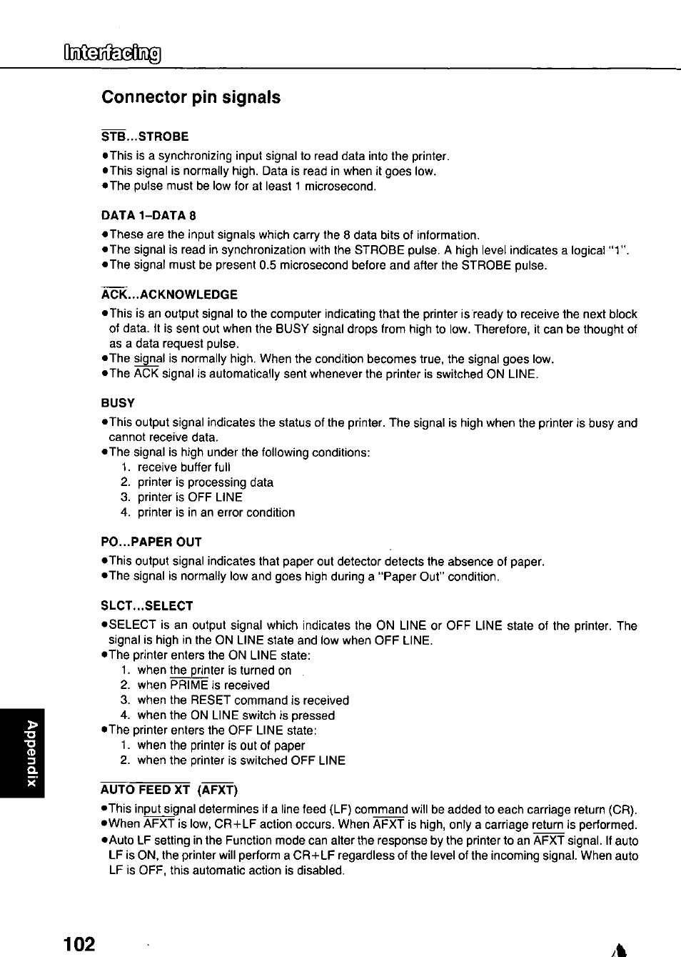 Connector pin signals, Stb...strobe, Data 1-data 8 | Ack...acknowledge, Busy, Po...paper out, Slct...select, Auto feed xt (afxt) | Panasonic KX-P3124 User Manual | Page 102 / 123