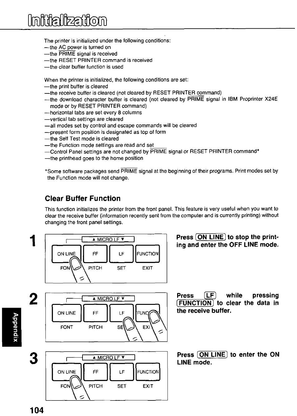 Clear buffer function, Press [on line) to enter the on line mode | Panasonic KX-P3124 User Manual | Page 104 / 123