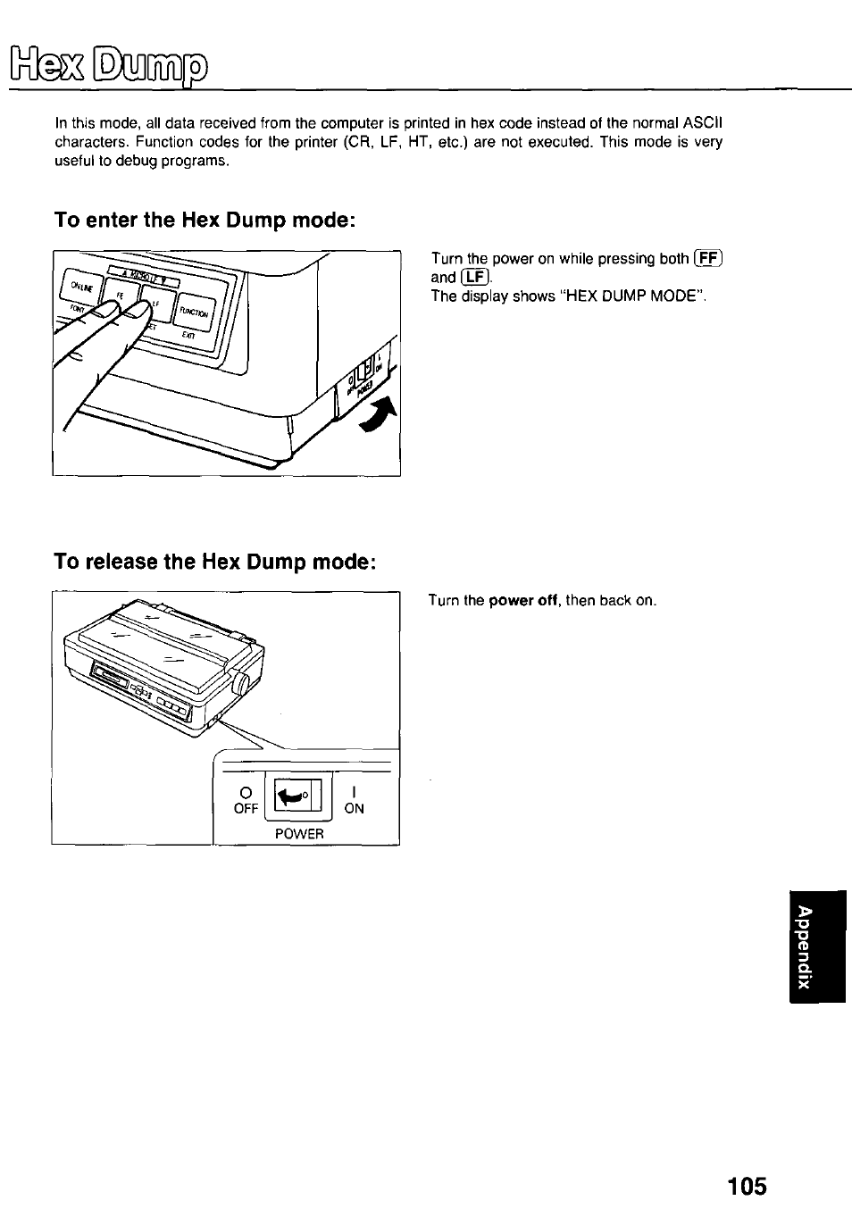 To enter the hex dump mode, To release the hex dump mode | Panasonic KX-P3124 User Manual | Page 105 / 123