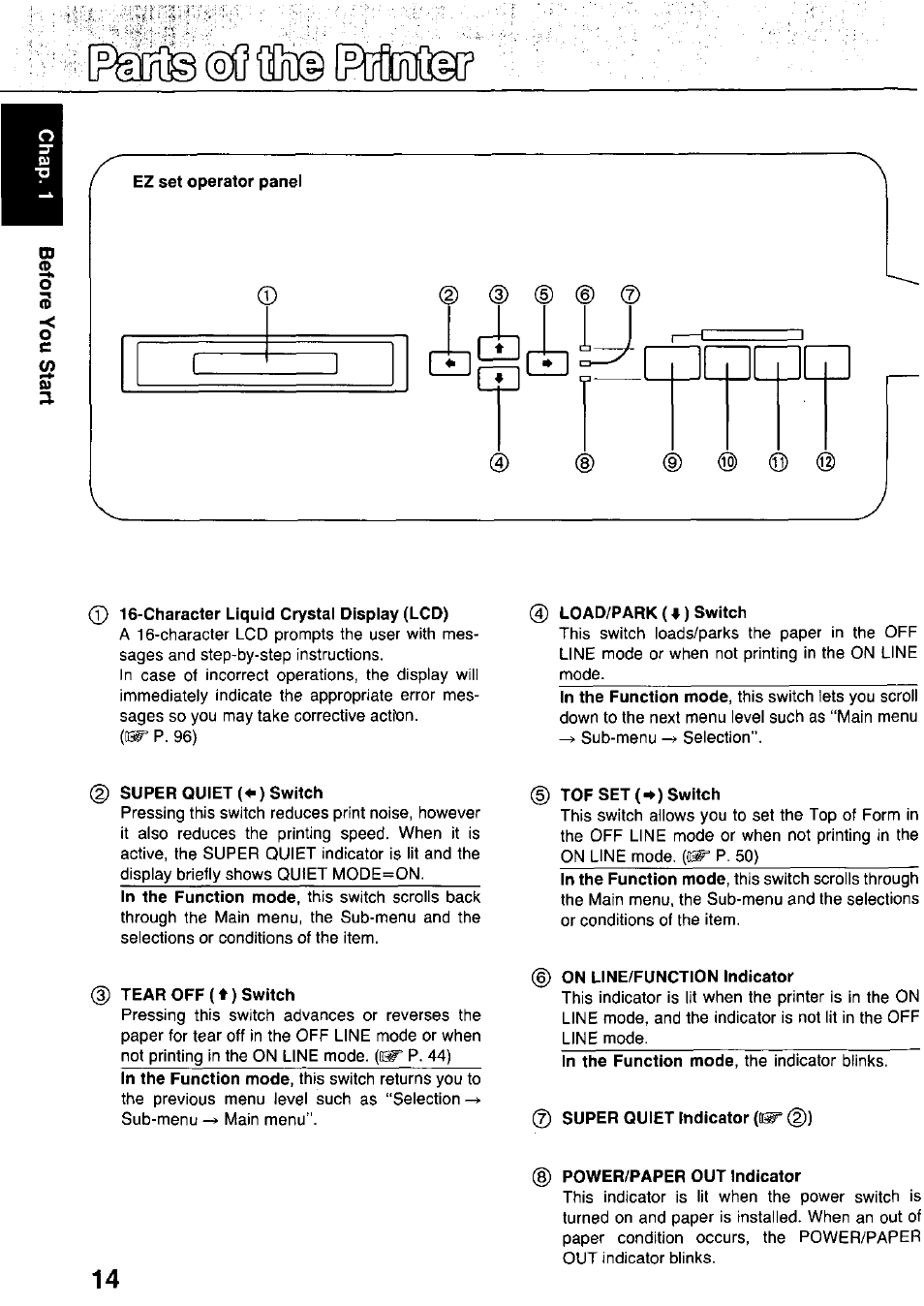 Ez set operator panel, Character liquid crystal display (lcd), Load/park(*) switch | Super quiet (^) switch, Tof set (^) switch, Tear off (♦) switch, On line/function indicator, Power/paper out indicator, Using the ez set operator panel, Imsfesiïtelmnfig | Panasonic KX-P3124 User Manual | Page 14 / 123