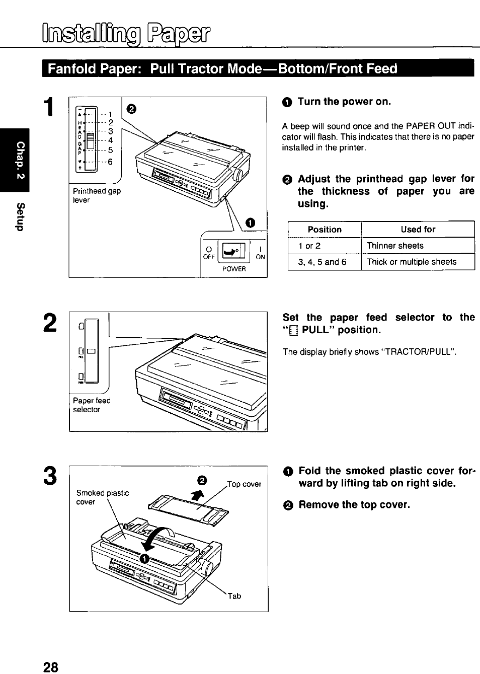 Fanfold paper: pull tractor mode—bottom/front feed, Ñlgímlflnii | Panasonic KX-P3124 User Manual | Page 28 / 123