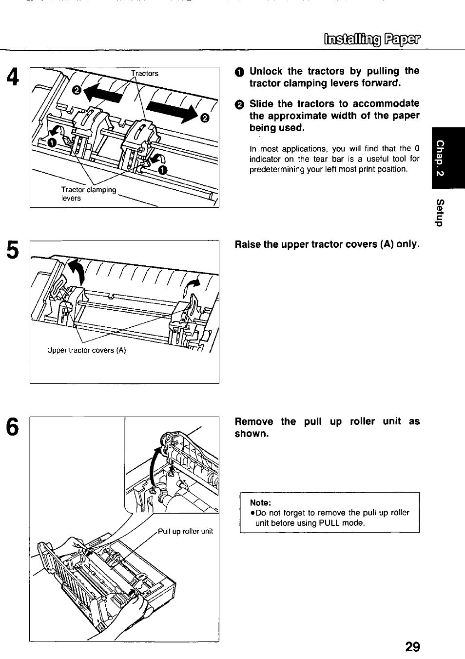 Raise the upper tractor covers (a) only, Remove the pull up roller unit as shown | Panasonic KX-P3124 User Manual | Page 29 / 123