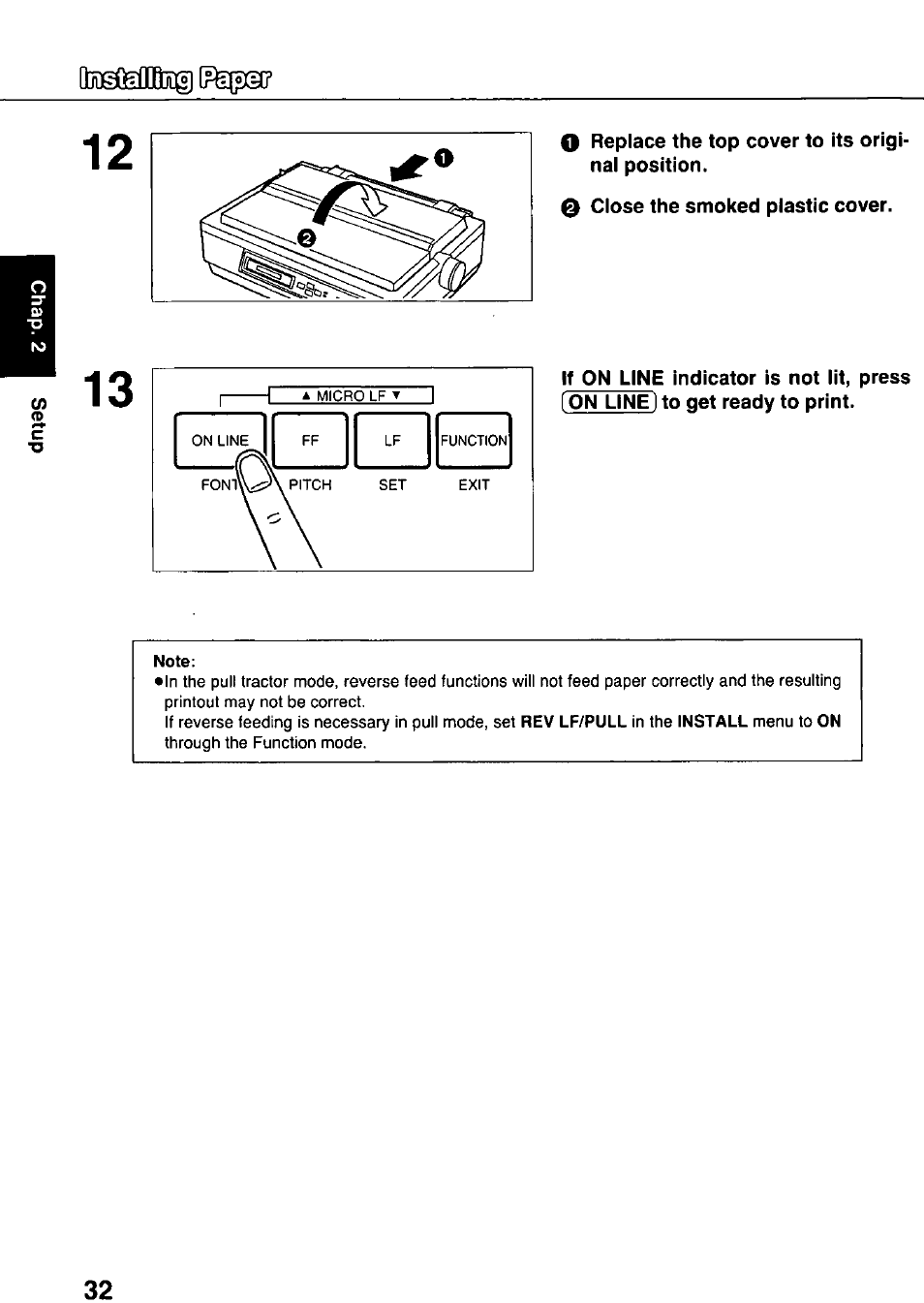 O replace the top cover to its original position, 0 close the smoked plastic cover, Ommbjdg] ffepa | Panasonic KX-P3124 User Manual | Page 32 / 123