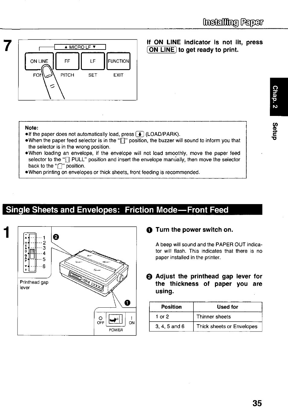 Note, O turn the power switch on | Panasonic KX-P3124 User Manual | Page 35 / 123