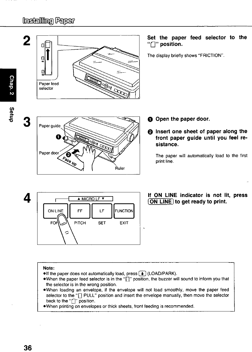 Set the paper feed selector to the position, O open the paper door | Panasonic KX-P3124 User Manual | Page 36 / 123