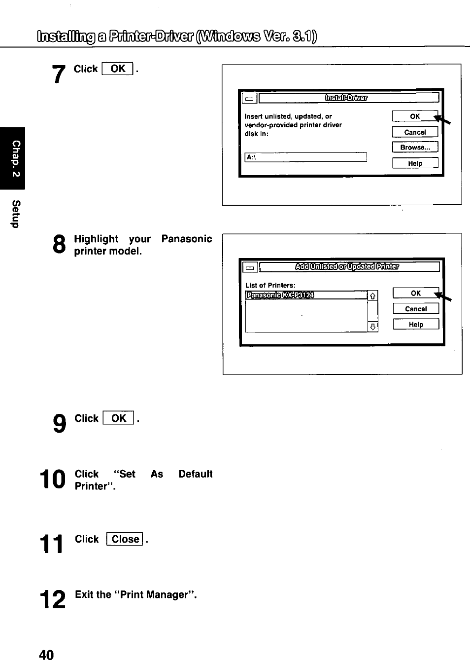 Click ok, Highlight your panasonic printer model, Click “set as default printer | Click close, Exit the “print manager, Oddgqacdbdí© 0 \!5ia?o sbí)) | Panasonic KX-P3124 User Manual | Page 40 / 123