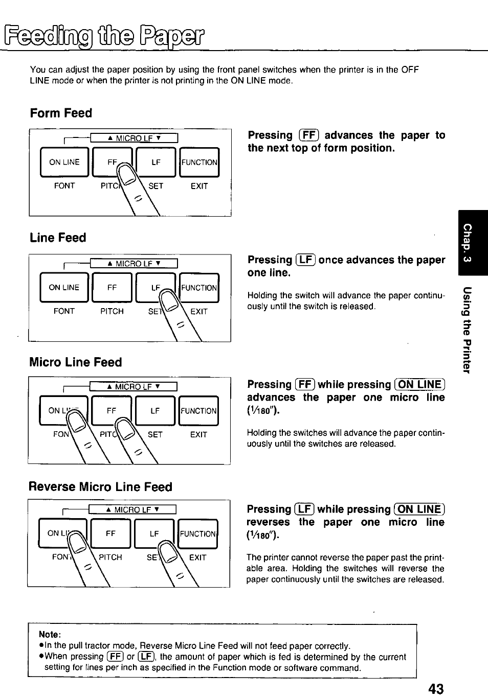 Form feed, Line feed, Micro line feed | Pressing (t^ once advances the paper one line, Reverse micro line feed | Panasonic KX-P3124 User Manual | Page 43 / 123